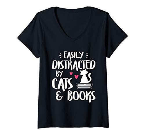Easily Distracted by Cats and Books - Cat & Book Lover V-Neck T-Shirt