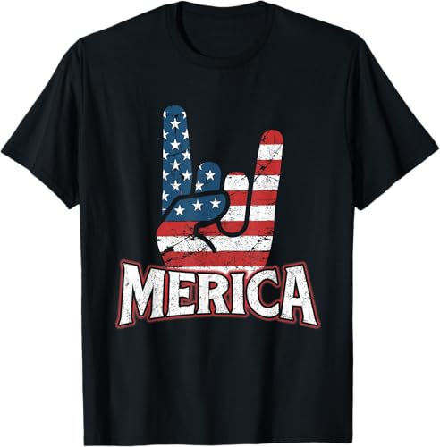 Merica Rock Sign - USA American Flag 4th of July Fourth T-Shirt