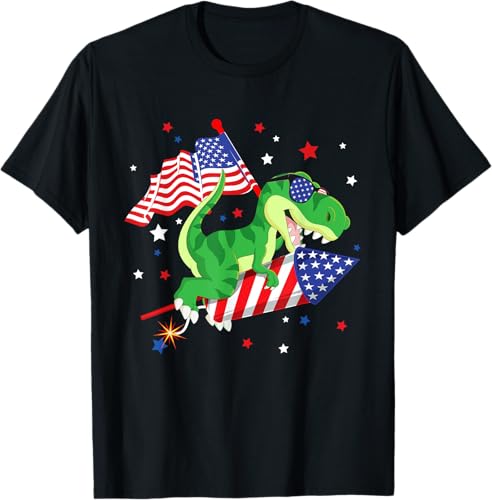 Patriotic Dinosaur Fireworks - USA American Flag 4th of July T-Shirt