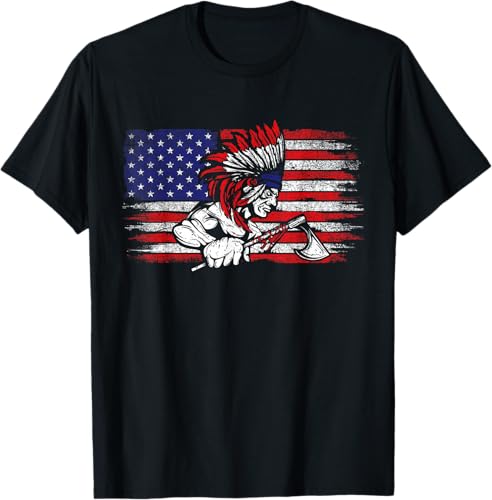 Native American Flag - Indian Headdress July 4th Indigenous T-Shirt