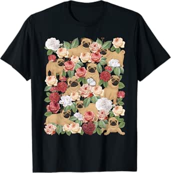 Botanical Black Pug Garden - Floral Dog Owner Pet Lover T-Shirt