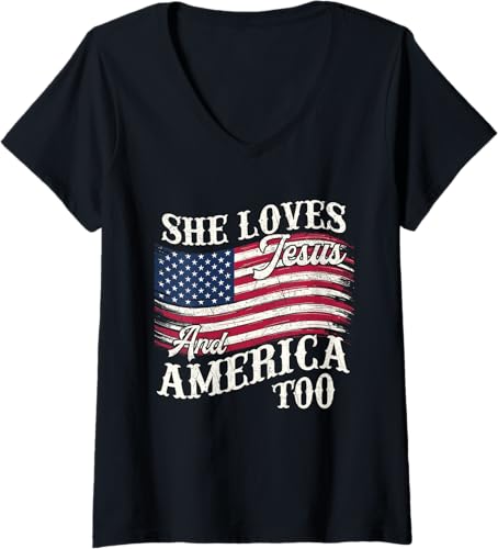She Loves Jesus And America Too - USA Flag 4th Of July V-Neck T-Shirt
